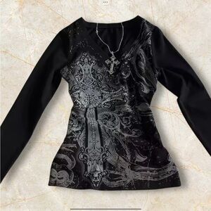 Chic Black and Silver Long Sleeve Women's Top